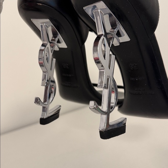 Saint Laurent Opyum YSL Logo Black Leather Silver High Heel Sandal EU 38 US 8 - Picture 6 of 10